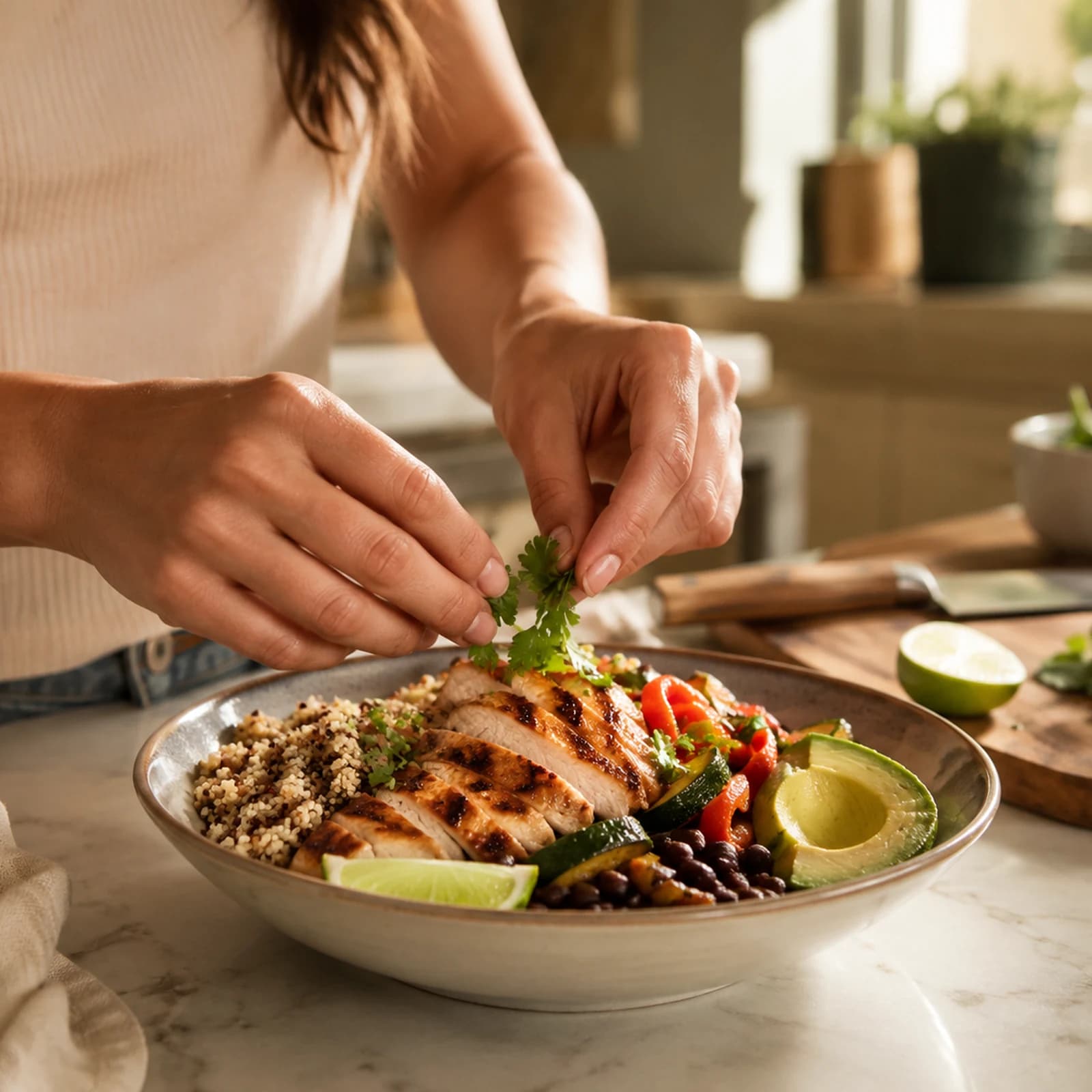 Balanced everyday meal with protein, vegetables and carbohydrates